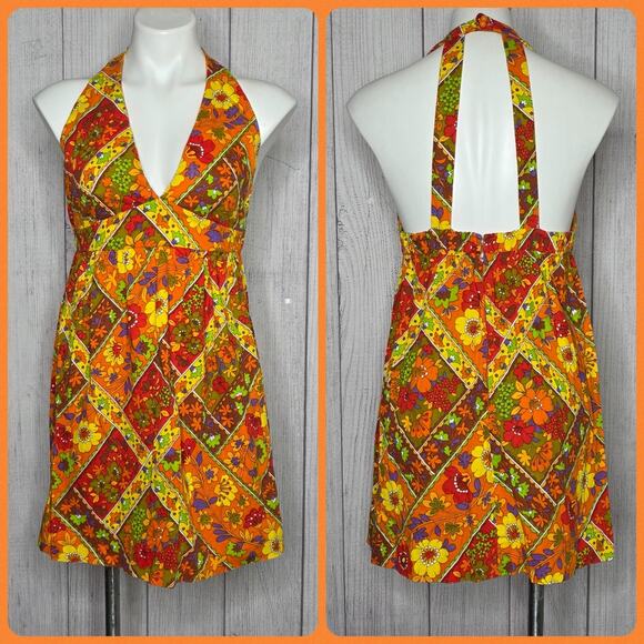 Vintage Dresses & Skirts - Vintage Barkcloth Handmade Halter Mini Dress Open Back Flower Power, sz S